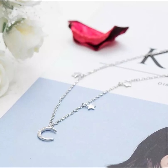 Sterling Silver Micro Zircon Moon Star Necklace - Picture 8 of 8